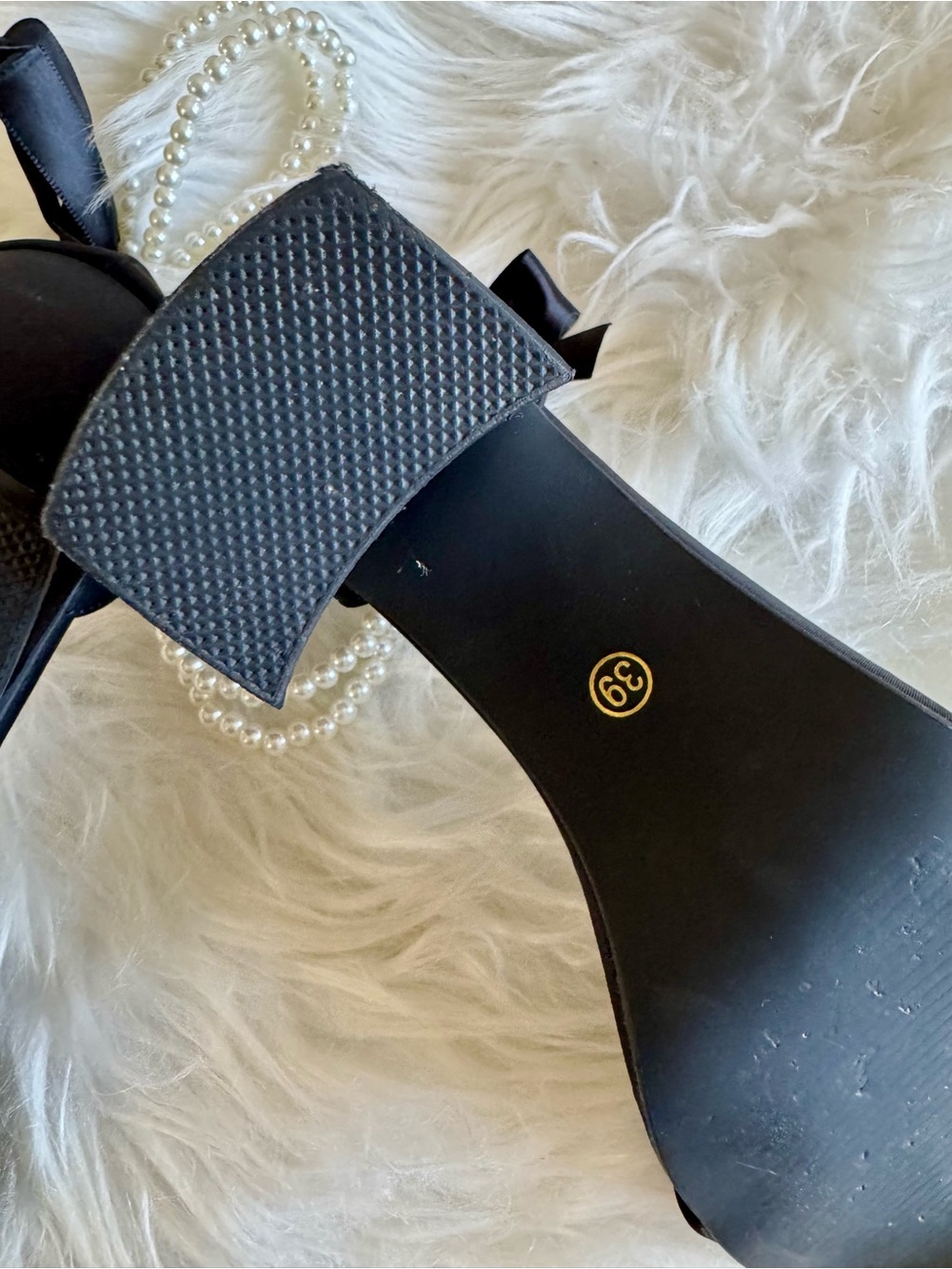 Black Pearl-Embellished Satin Heels - Women's Evening Sandals - Picture 4 of 5